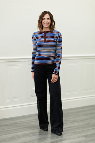 Multi-Stripe Fine Knit Henley Sweatshirt