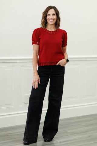 Crimson Scallop Trim Puff Sleeve Sweater