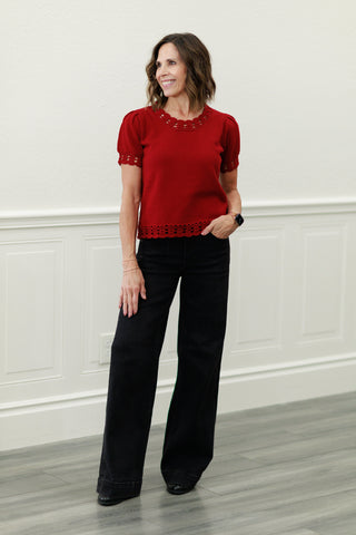 Crimson Scallop Trim Puff Sleeve Sweater