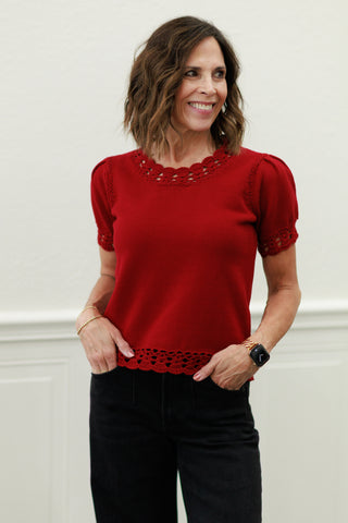 Crimson Scallop Trim Puff Sleeve Sweater
