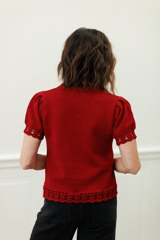 Crimson Scallop Trim Puff Sleeve Sweater