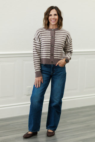 Stripe Round Neck Button Down Fuzzy Cardigan