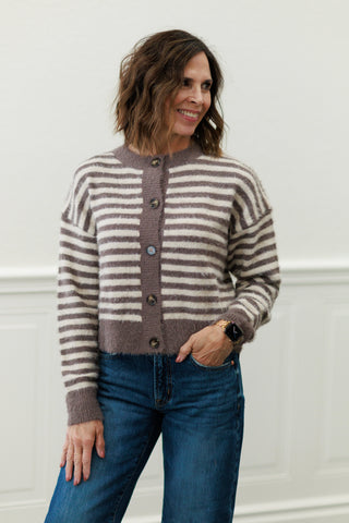 Stripe Round Neck Button Down Fuzzy Cardigan
