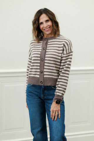 Stripe Round Neck Button Down Fuzzy Cardigan