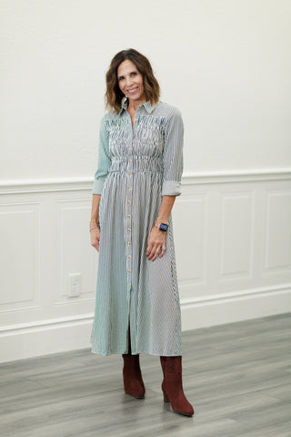 Collared Button-Down Smocked Bodice Stripe Midi Dress