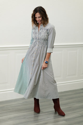 Collared Button-Down Smocked Bodice Stripe Midi Dress