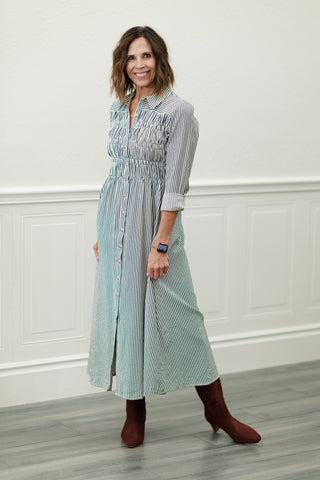 Collared Button-Down Smocked Bodice Stripe Midi Dress