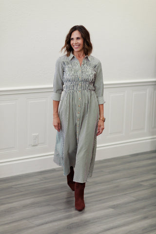 Collared Button-Down Smocked Bodice Stripe Midi Dress