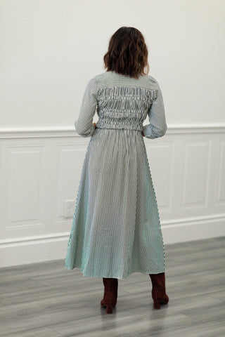 Collared Button-Down Smocked Bodice Stripe Midi Dress