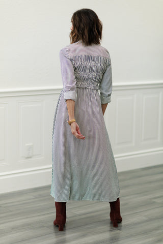 Collared Button-Down Smocked Bodice Stripe Midi Dress