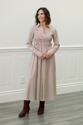 Collared Button-Down Smocked Bodice Stripe Midi Dress
