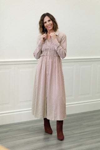 Collared Button-Down Smocked Bodice Stripe Midi Dress