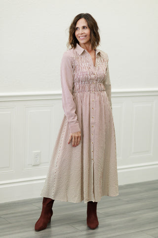 Collared Button-Down Smocked Bodice Stripe Midi Dress