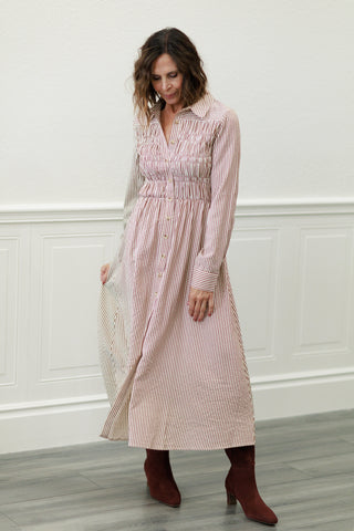 Collared Button-Down Smocked Bodice Stripe Midi Dress