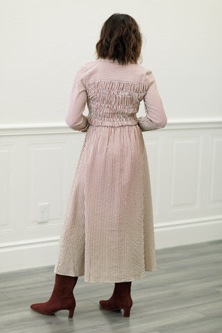 Collared Button-Down Smocked Bodice Stripe Midi Dress