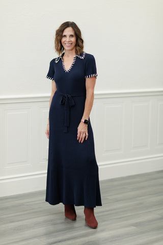 Navy Knit Midi Dress with Contrast Stitching
