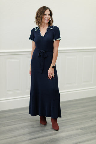 Navy Knit Midi Dress with Contrast Stitching