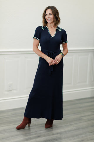 Navy Knit Midi Dress with Contrast Stitching