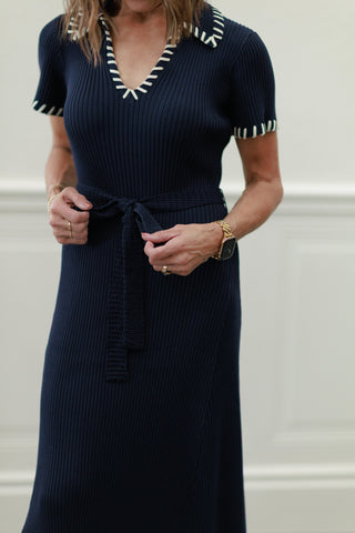 Navy Knit Midi Dress with Contrast Stitching