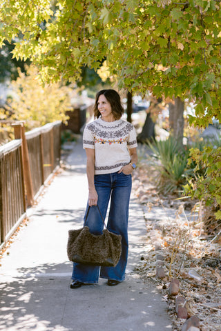 Leaf Embroidered Fair Isle Short Sleeve Sweater Top – Women's Sweater by MIOU MUSE