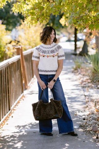 Leaf Embroidered Fair Isle Short Sleeve Sweater Top – Women's Sweater by MIOU MUSE