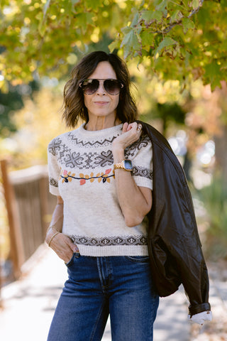 Leaf Embroidered Fair Isle Short Sleeve Sweater Top – Women's Sweater by MIOU MUSE