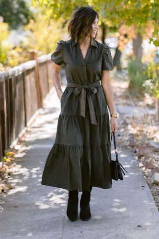 Tiered Faux Suede Midi Dress in Olive – Women's Midi Dress by Elan