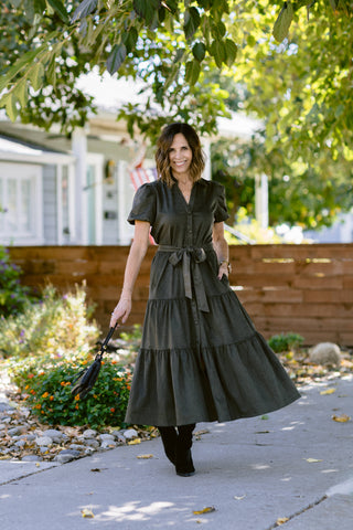 Tiered Faux Suede Midi Dress in Olive – Women's Midi Dress by Elan