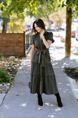 Tiered Faux Suede Midi Dress in Olive – Women's Midi Dress by Elan