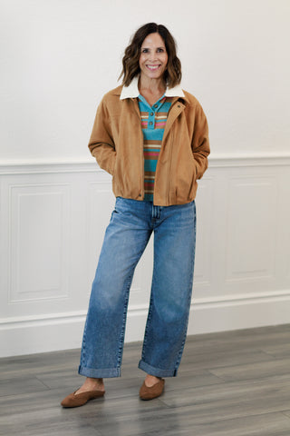Camel Suede Texture Zip Front Blouson Jacket