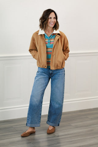Camel Suede Texture Zip Front Blouson Jacket