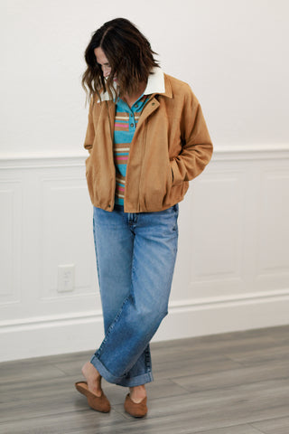 Camel Suede Texture Zip Front Blouson Jacket