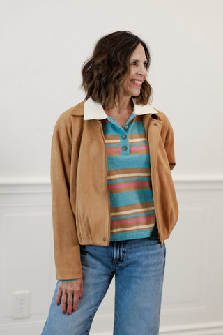 Camel Suede Texture Zip Front Blouson Jacket