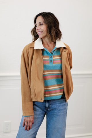 Camel Suede Texture Zip Front Blouson Jacket
