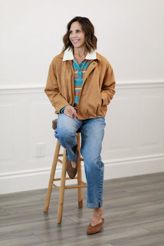 Camel Suede Texture Zip Front Blouson Jacket