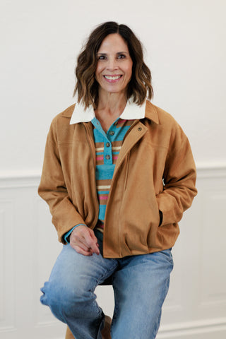 Camel Suede Texture Zip Front Blouson Jacket
