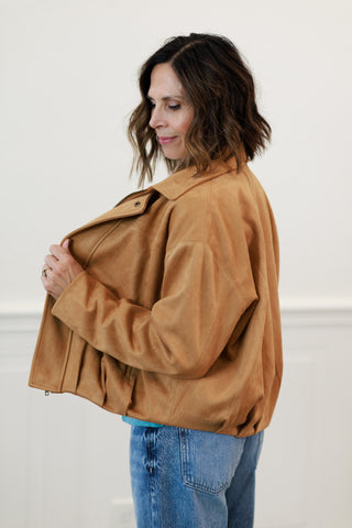Camel Suede Texture Zip Front Blouson Jacket