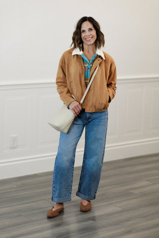 Camel Suede Texture Zip Front Blouson Jacket