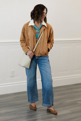 Camel Suede Texture Zip Front Blouson Jacket