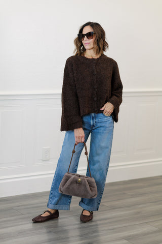 Fuzzy Knit Button-Down Boxy Cardigan in Chocolate