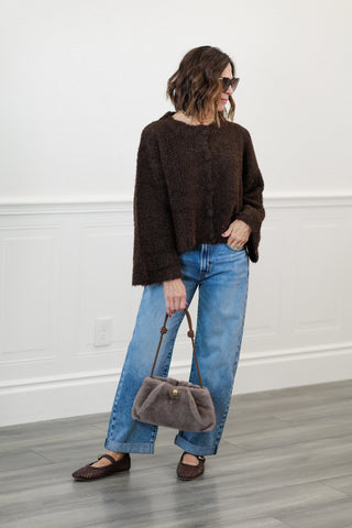 Fuzzy Knit Button-Down Boxy Cardigan in Chocolate