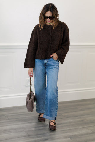 Fuzzy Knit Button-Down Boxy Cardigan in Chocolate