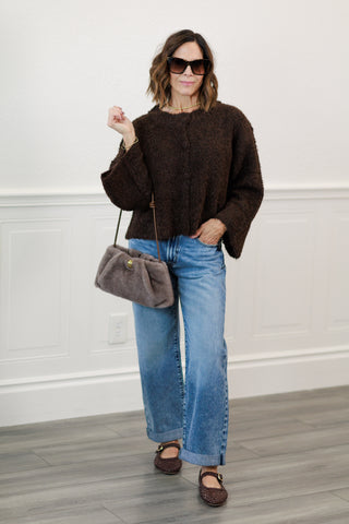 Fuzzy Knit Button-Down Boxy Cardigan in Chocolate