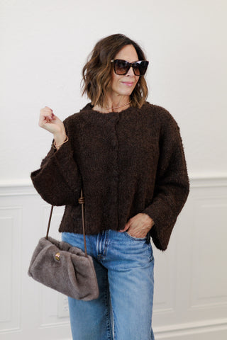 Fuzzy Knit Button-Down Boxy Cardigan in Chocolate