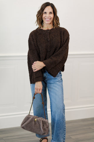 Fuzzy Knit Button-Down Boxy Cardigan in Chocolate