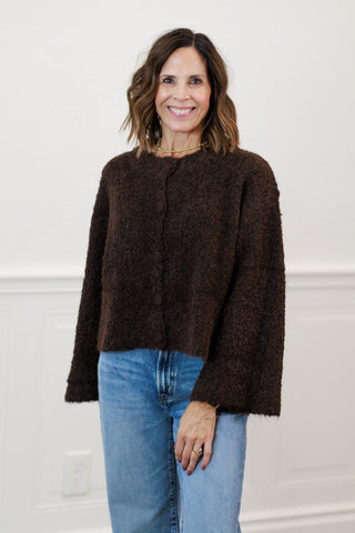 Fuzzy Knit Button-Down Boxy Cardigan in Chocolate