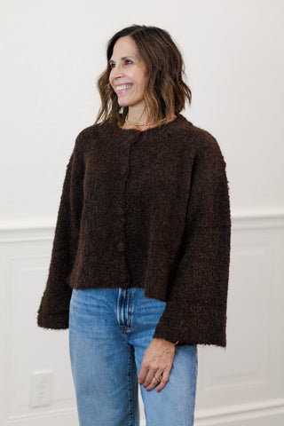 Fuzzy Knit Button-Down Boxy Cardigan in Chocolate