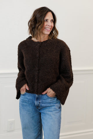 Fuzzy Knit Button-Down Boxy Cardigan in Chocolate