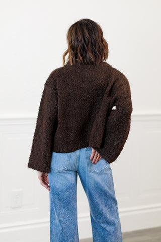 Fuzzy Knit Button-Down Boxy Cardigan in Chocolate