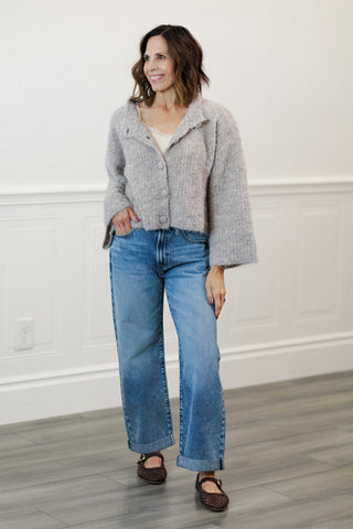 Fuzzy Knit Button-Down Boxy Cardigan in Light Taupe